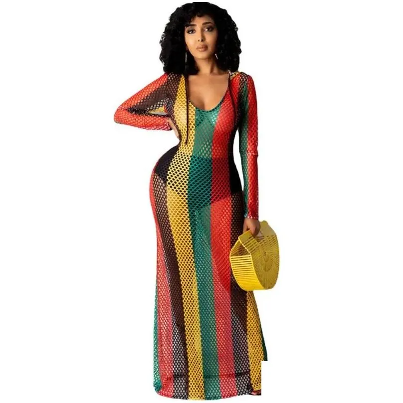 Women`S Swimwear Womens Beach Net Skirt Female Hollow Perspective Top Color Stretch Mesh Long-Sleeved Dress 2022 Summer Y Long Drop D Dhcyq