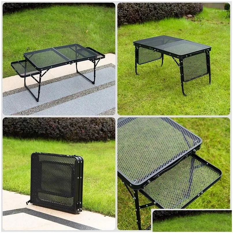 Camp Furniture Black Folding Table Outdoor Camping Aluminum Alloy Binaural Iron Grid Frame Height Adjustable Portable Ultra-Light