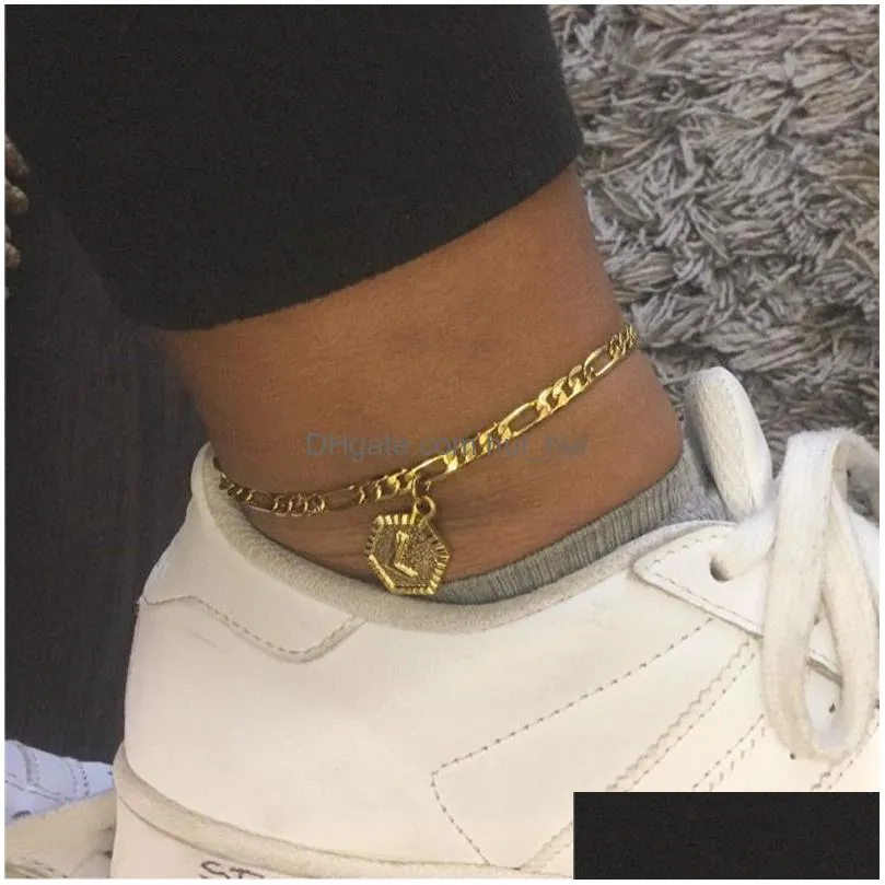 anklets dainty a z letter anklet hexagon shaped initial ankle bracelet stainless steel feet jewelry leg chain women men gifts 230107