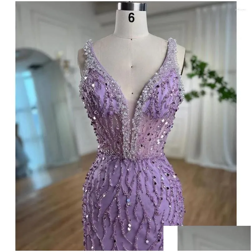 Party Dresses Serene Hill Pink Mermaid Sexy High Split V Neck Evening Feather Beaded Gowns Long 2024 For Women Wedding GLA72152