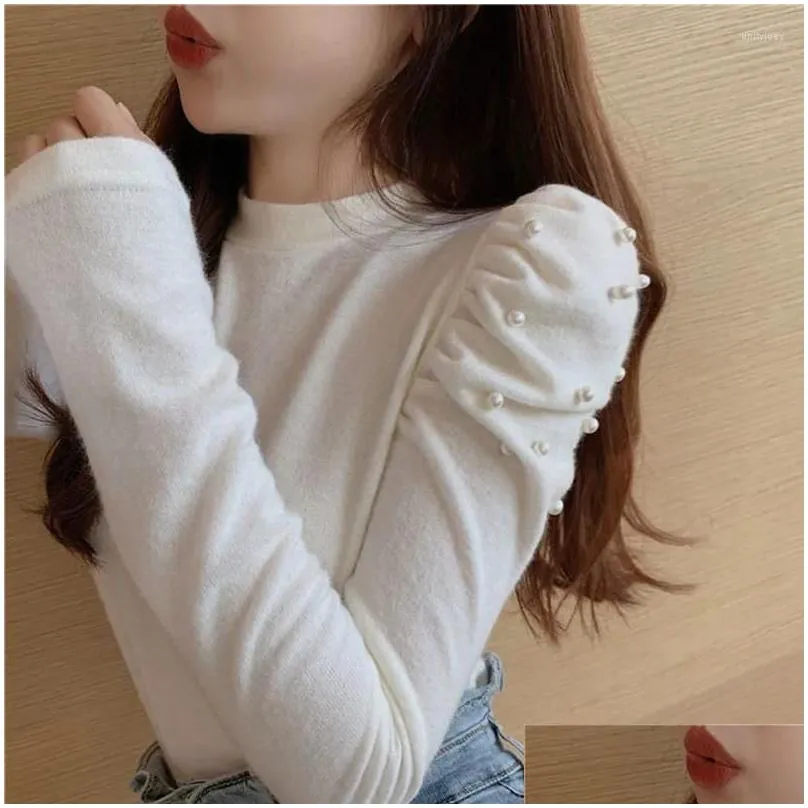 Women`s Sweaters Lucyever Pearls O-Neck Slim Women Sexy Knitted Puff Sleeve Jumpers Woman 2023 Spring Fashion Elegant Tops Mujer