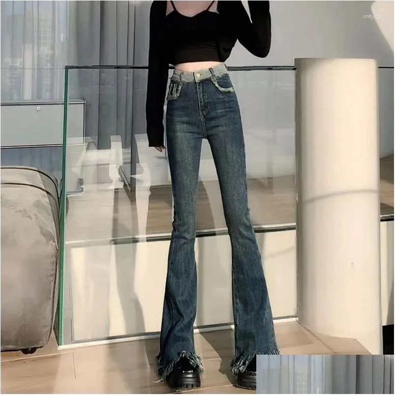Women`s Jeans 2023 Autumn Black Flare Denim Pants Women Korean Fashion Tassel Design Wide Leg Woman American Retro High Waist Trousers