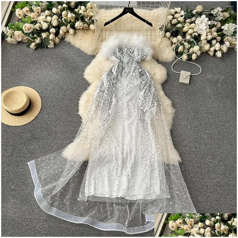 Casual Dresses Silver Sexy Club Elegant Fur Strapless Fairy Evening Dress Women Sleeveless Pink Sequins Mesh Slim Paty Long Summer