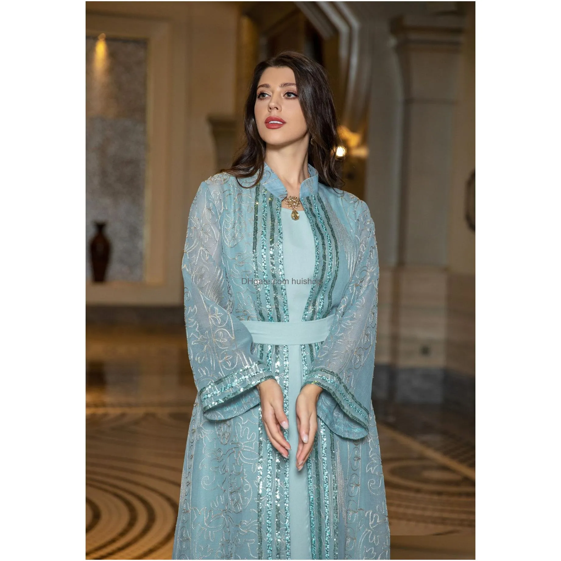 middle eastern muslim abaya two piece dubai dress elegant cardigan long sleeves embroidery evening dresses vestidos robe soiree femme