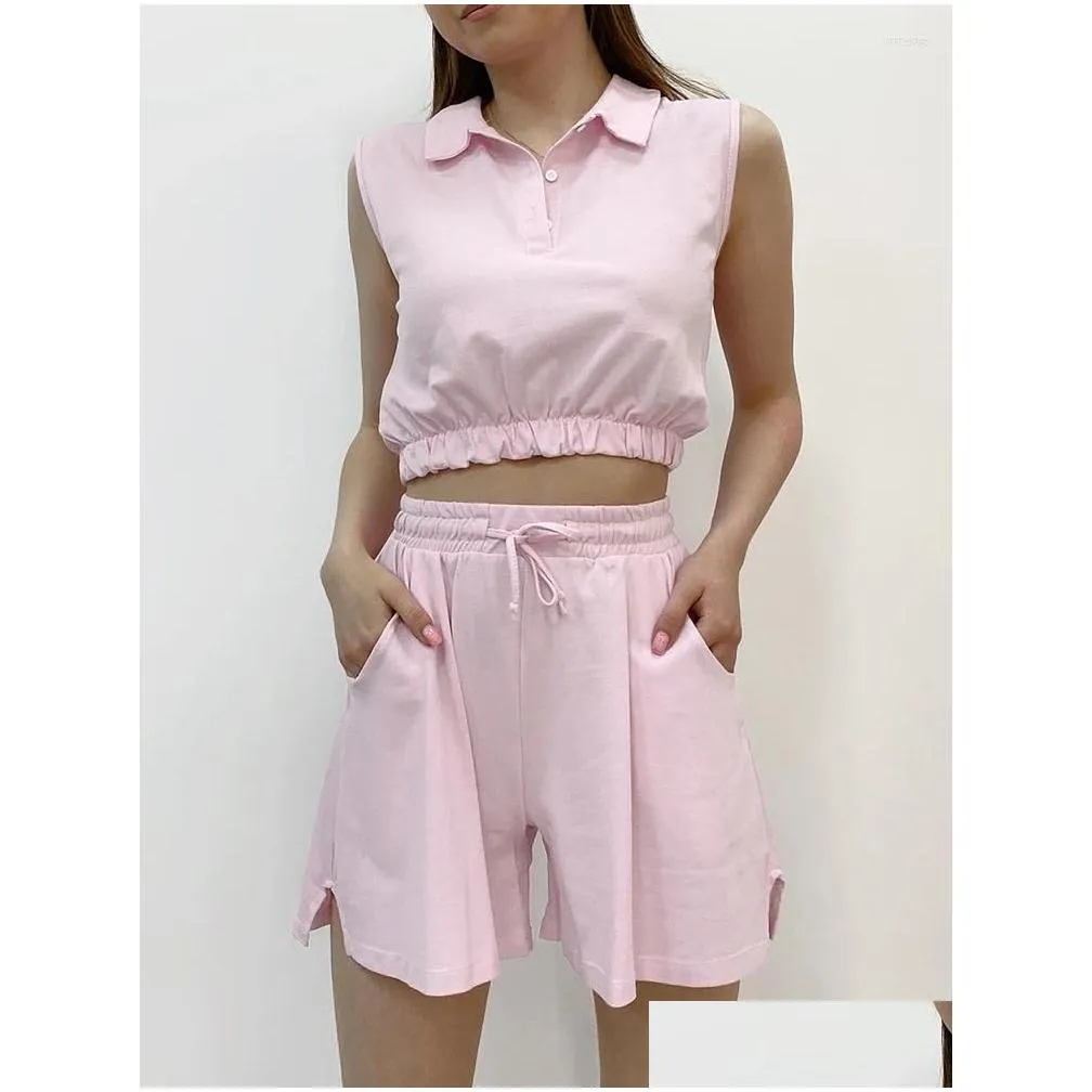 Women`s Sleepwear Hiloc Pink Sleeveless Cotton Turn Down Collar Crop Tops Drawstring High Waist Night Wear For Women Sets Casual