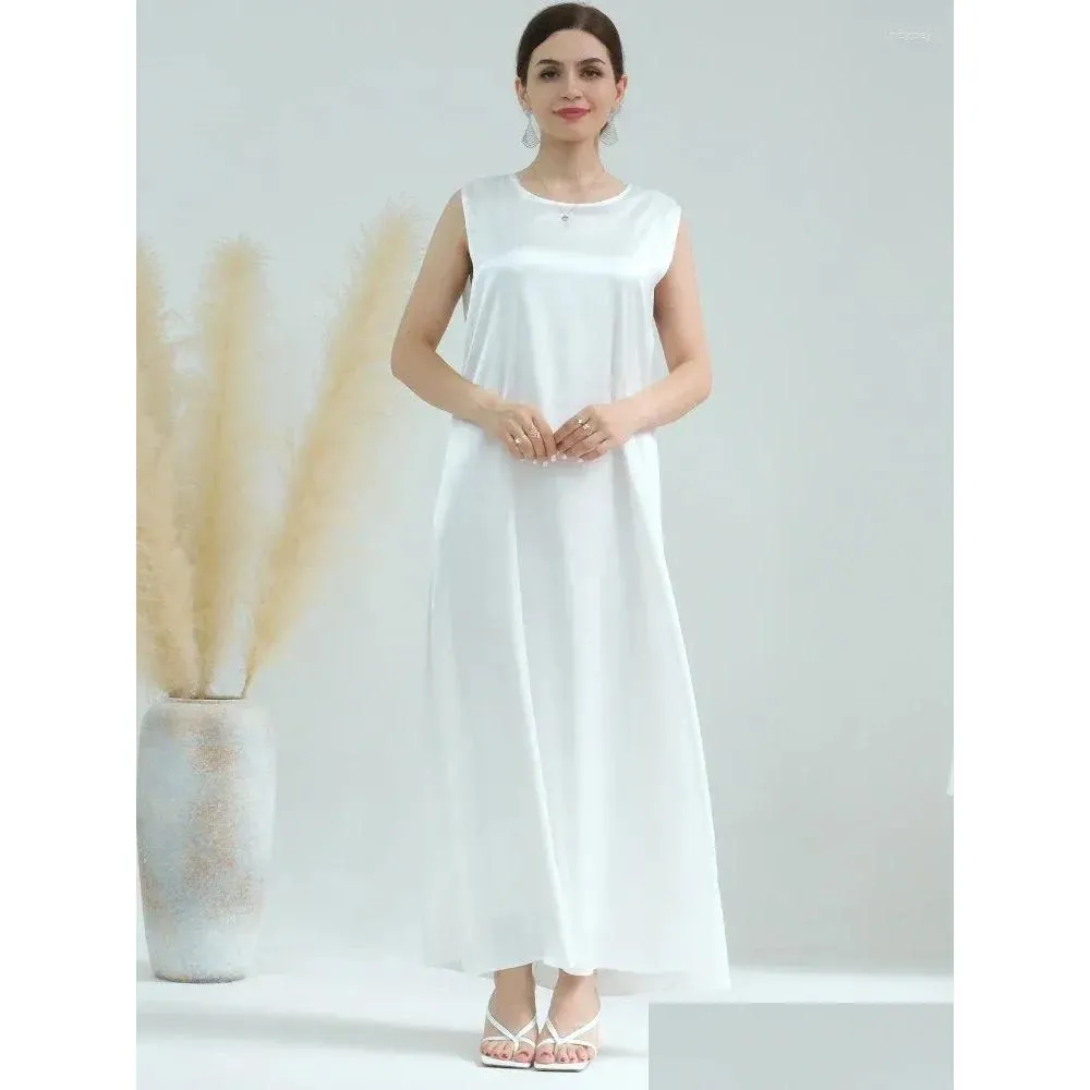 Ethnic Clothing White Satin Under Abaya Slip Dress Dubai Muslim Wear Sleeveless Inner Dresses For Women Moroccan Kaftan Robe Islamic