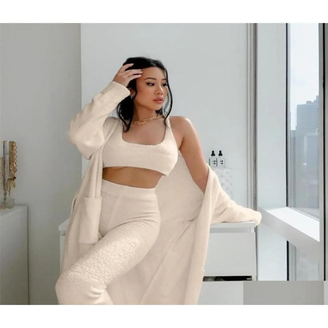 Sexy Plush Fluffy Fleece Knitted Sweater Pajamas Women Set Two Piece Set Top and Pants with Coat Pyjama Woman Winter Sleepwear