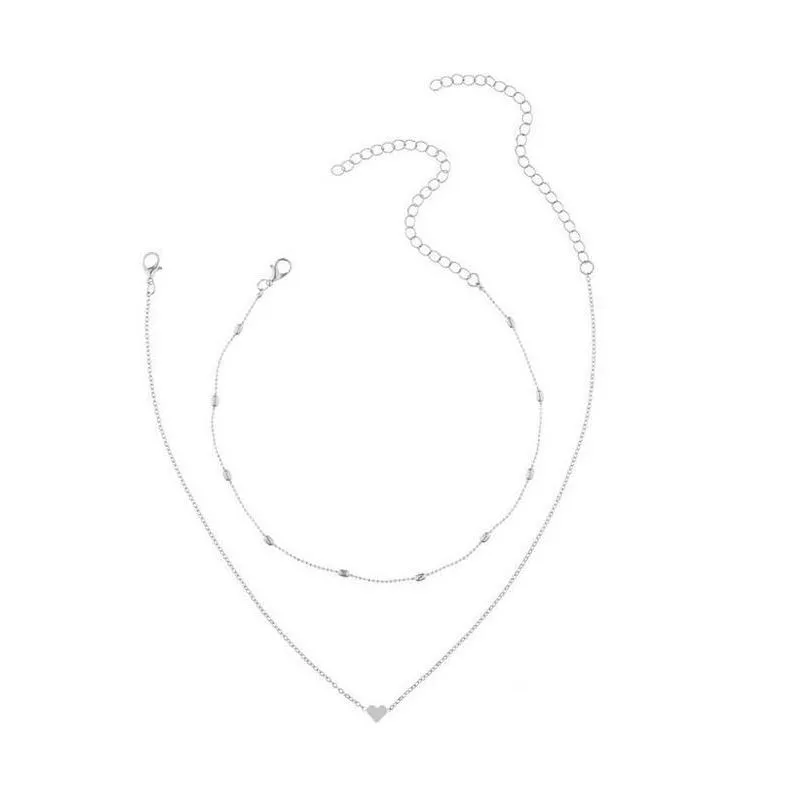 Two layer Fashion Necklace Bead Choker chains with O chain through Heart Silver gold color plated Women Gift