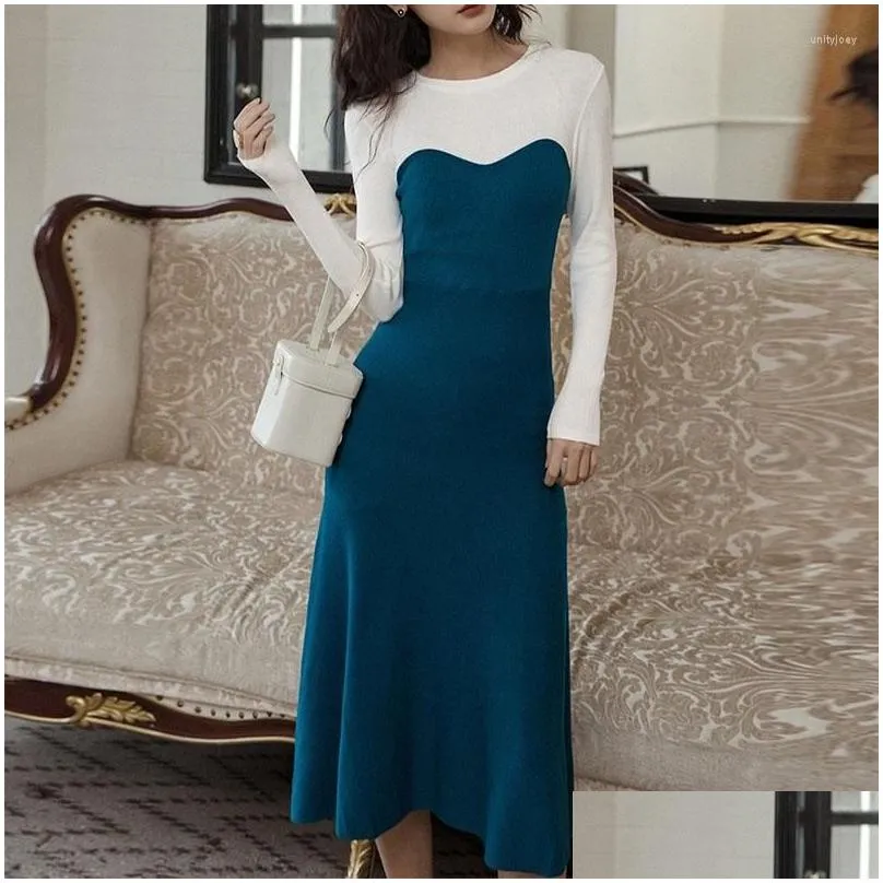 Casual Dresses ZALady-Knitted Midi Dress For Women O-Neck Long Sleeve Slim Elegant Office Female Robe Autumn Spring