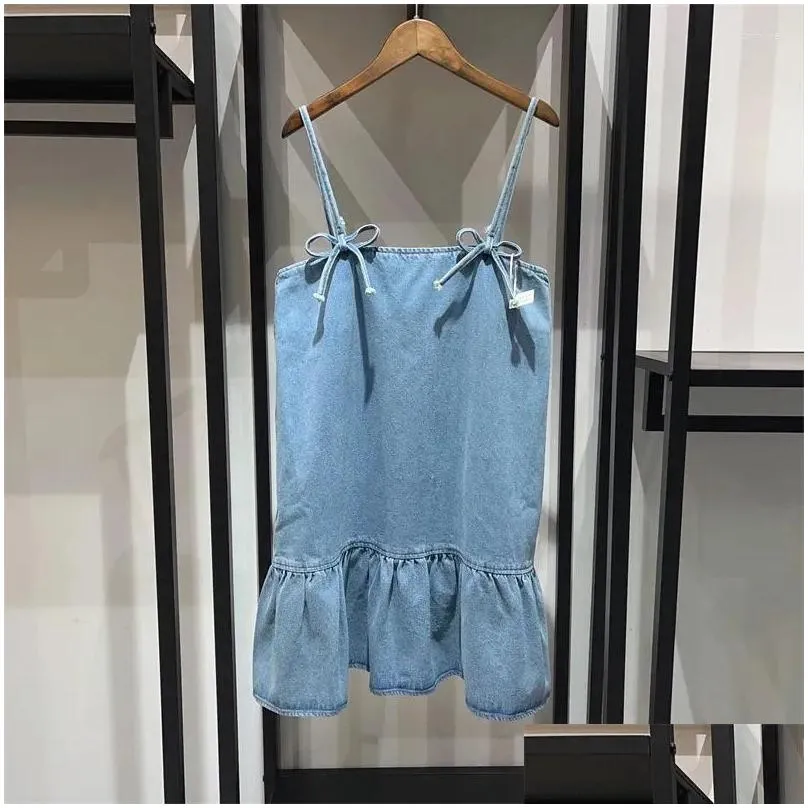 Casual Dresses Spring 2024 Women Back Letter Embroidery Dress Bowknot Cotton Ladies Solid Color Ruffle Sleeveless Denim