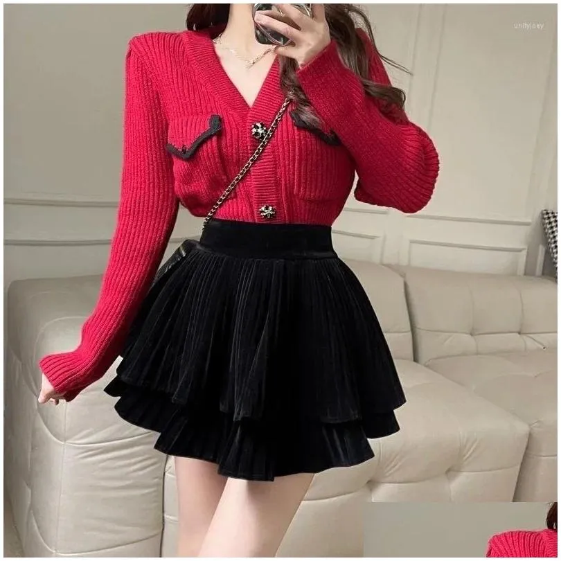 Skirts Velvet High Waist A-shaped Skirt 2024 Pleated Women Ropa Mujer Mini Clothes For