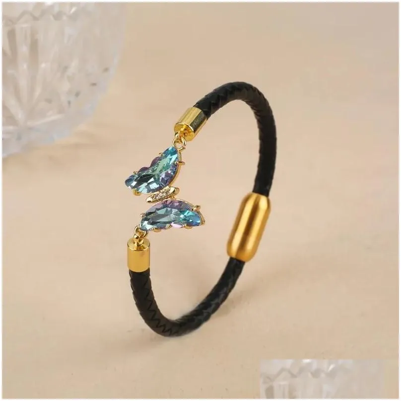 Charm Bracelets 19 Color Simple Hip Hop Crystal Butterfly Black Leather Rope Bracelet Classic Stainless Steel Magnetic Clasp Jewelry