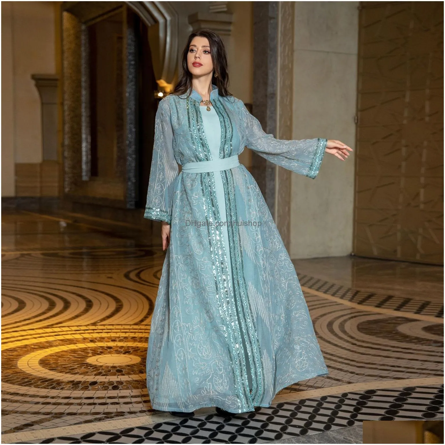 middle eastern muslim abaya two piece dubai dress elegant cardigan long sleeves embroidery evening dresses vestidos robe soiree femme