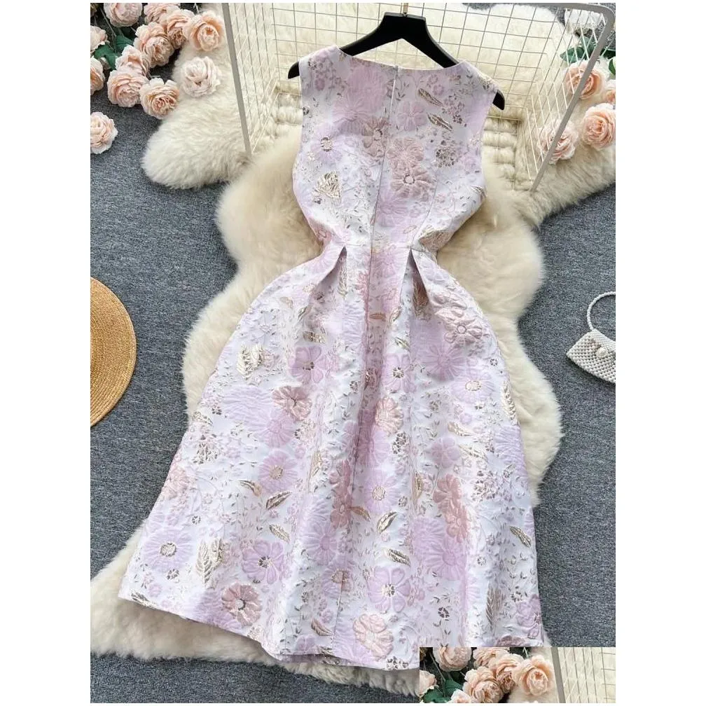 Casual Dresses Summer Pink Jacquard O-Neck Sleeveless Women Sweet Temperament Tunic Slim Midi Holiday Ball Gown Vest Dress