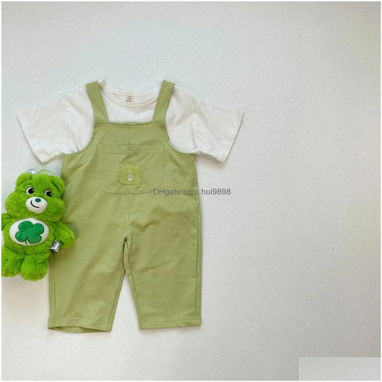 korean 2024 spring summer children girl strappy pant cotton cartoon bear young kid short solid pocket toddler overalls 240307