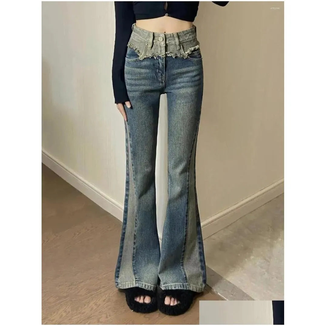 Women`s Jeans Patchwork High Waist Slim Flare Lady Spring Summer Streetwear Skinny Boot Cut