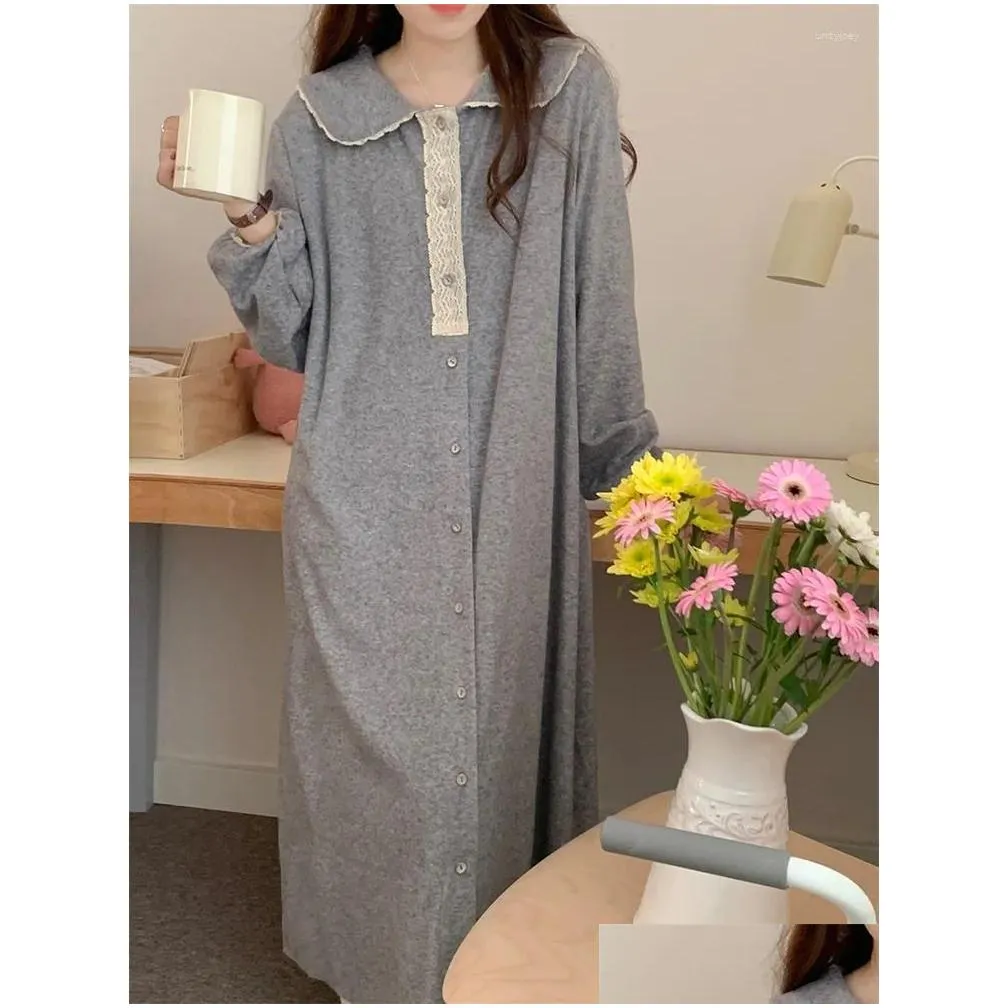 Women`s Sleepwear Home Warm Princess Kawaii Nightgown Solid Simple Long Sleeve Pajama Set Women Winter Girlish Style Casual Elegant