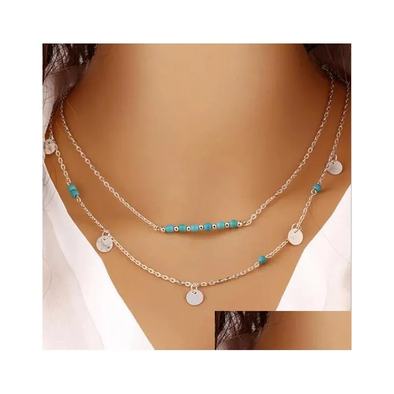 String Tassel Bar Multilayer Necklace Vintage Boho Turquoise Beads Pendants Long Charms Chains Necklaces