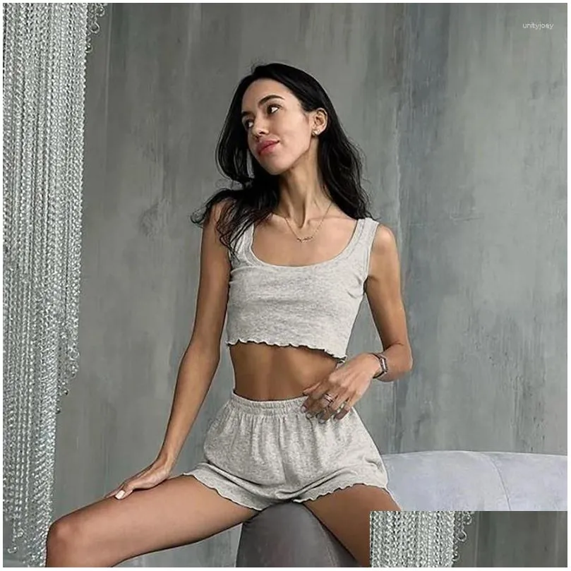 Women`s Sleepwear Sexy French Style Suspender Pajama Shorts With Exposed Navel Comfortable And Casual Solid Color Home Wear