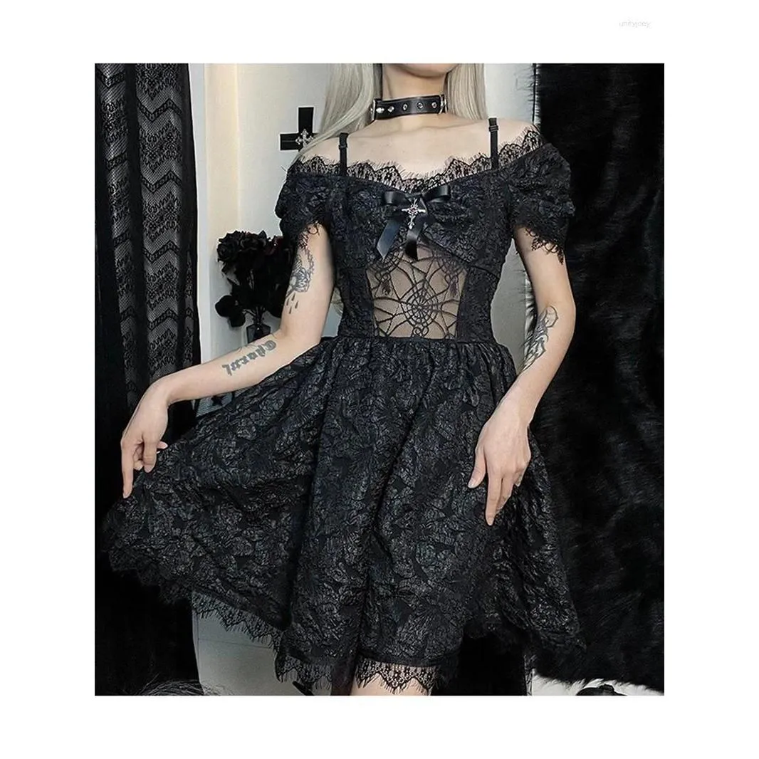 Casual Dresses Women Halloween Gothic Dress Short Puff Sleeve Off Shoulder Lace Solid Color Retro Club Party Black/White