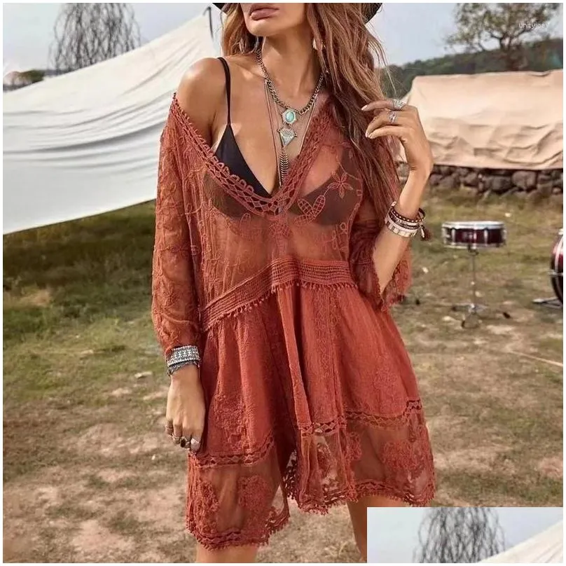 Women`s Swimwear Bikini Cover Up Lace Hollow Out Summer See Through Sun Protection Tunic For Beach Boho Beachwear Solid Dresses