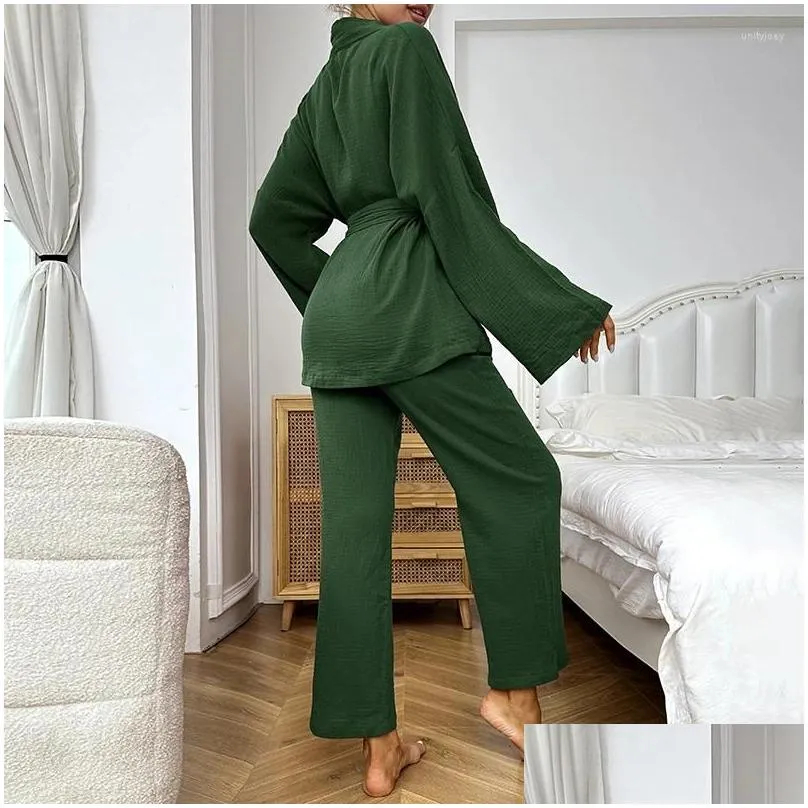 Women`s Sleepwear Women Pajama Set Kimono Pajamas 2023 Cotton Crepe Long-Sleeved Trousers Ladies Suit Home Clothes Mujer