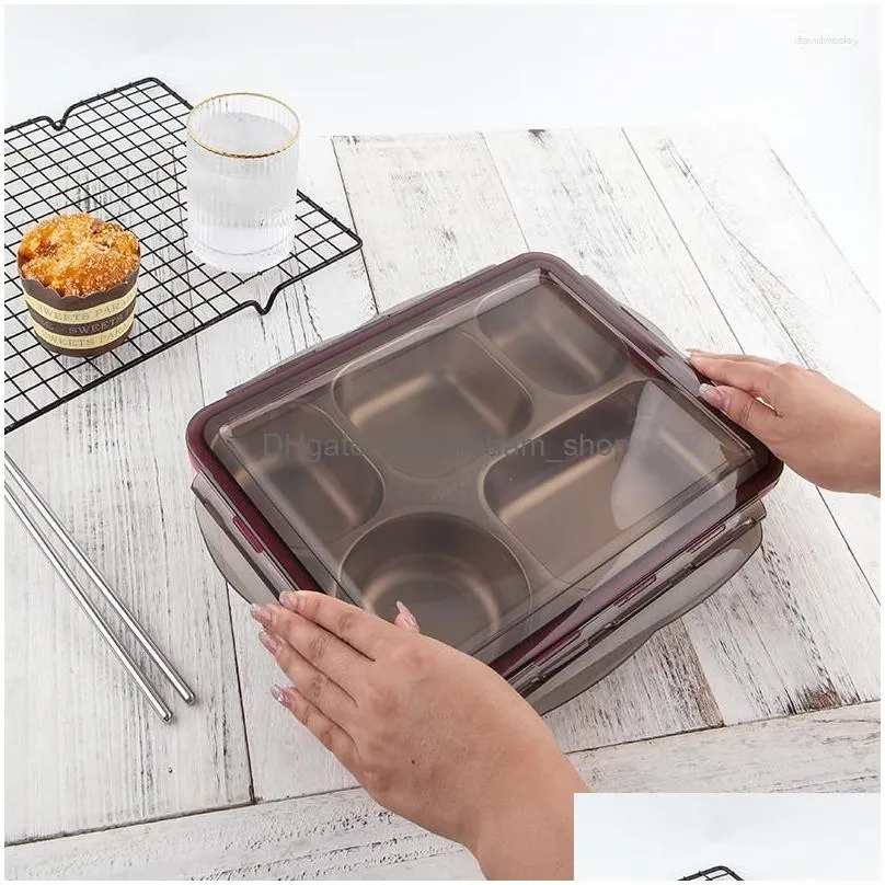 dinnerware stainless steel bento lunch box container reusable 5 compartments metal meal-prep easy open leak proof silicone lids