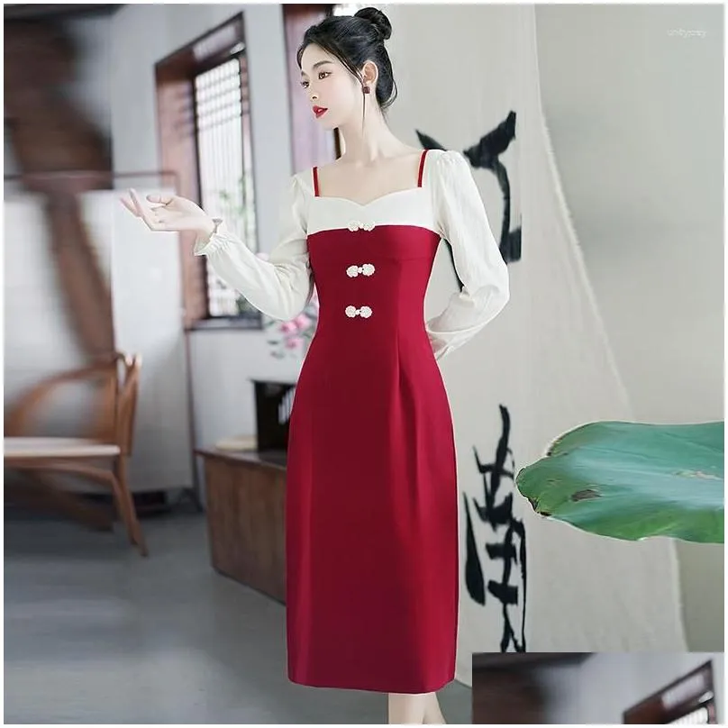 Casual Dresses Chinese Style Vintage For Women Long Sleeve Red Square Neck Elegant Temperament Dress Slim Fit Autumn Retro Vestidos