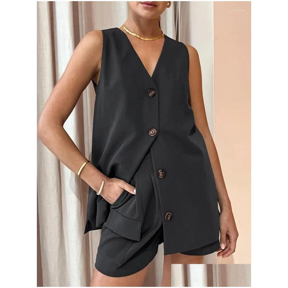 Women`s Tracksuits Two Piece Set Women Outfit Summer Gray 2024 Fashion V-Neck Sleeveless Single Breasted Tank Top With High Waist