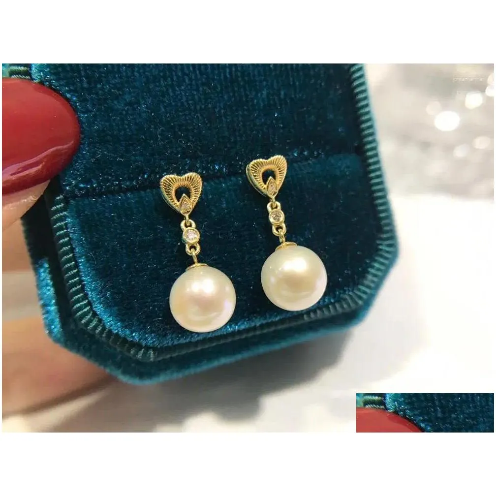 Stud Earrings MADALENA SARARA 10-11mm Freshwater Pearl Women 18K Gold Heart Dangle Style Diamond Prong Setting