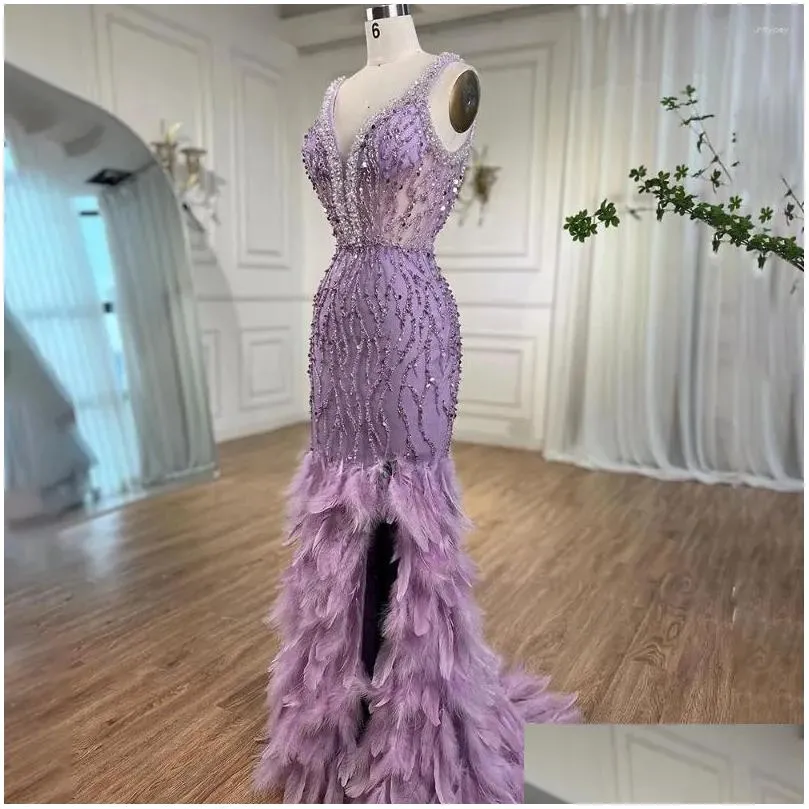Party Dresses Serene Hill Pink Mermaid Sexy High Split V Neck Evening Feather Beaded Gowns Long 2024 For Women Wedding GLA72152