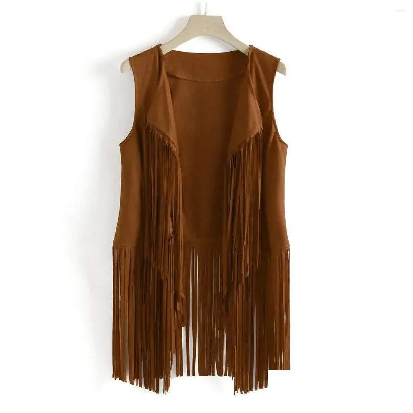 Women`s Vests Women Vest Sleeveless Leather Jacket Motorcycle Tops Autumn Winter Imitation Ethnic Suede Tassels Fringe Cardigan