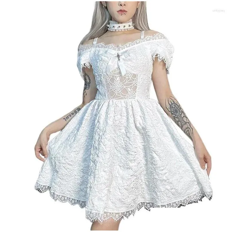 Casual Dresses Women Halloween Gothic Dress Short Puff Sleeve Off Shoulder Lace Solid Color Retro Club Party Black/White