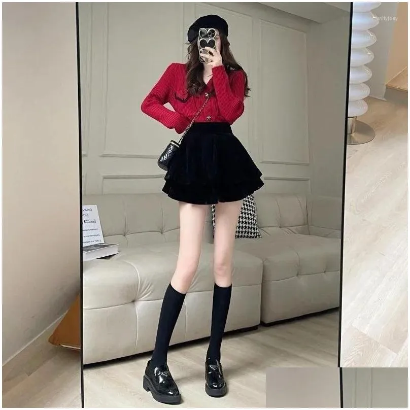 Skirts Velvet High Waist A-shaped Skirt 2024 Pleated Women Ropa Mujer Mini Clothes For