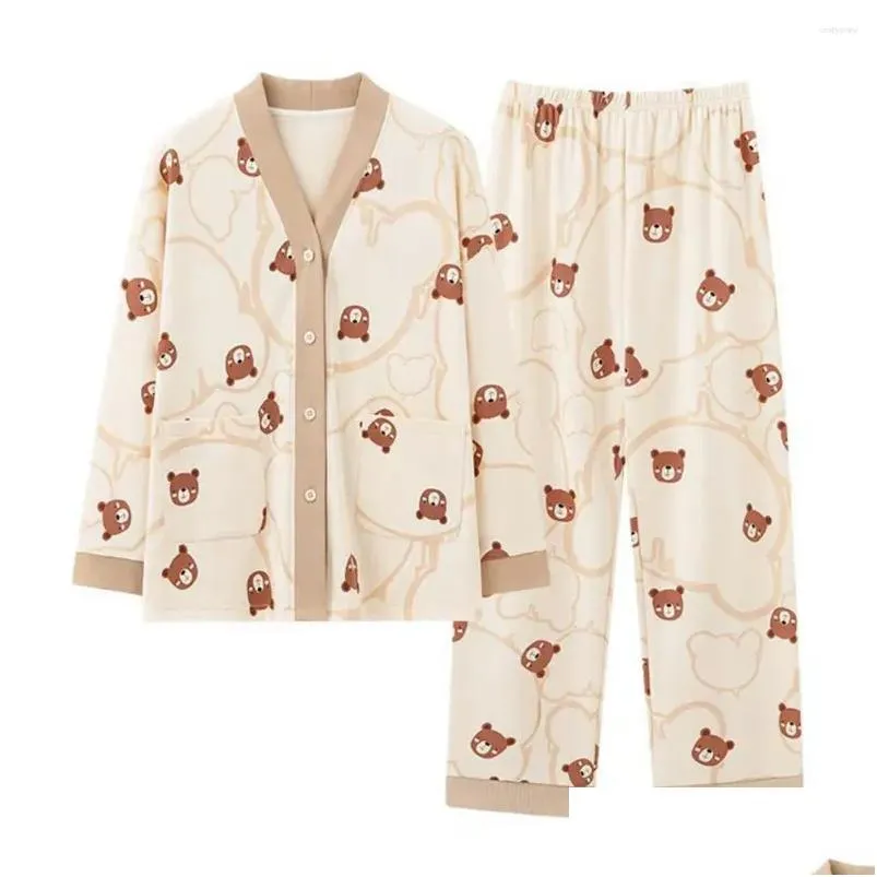 Women`s Sleepwear Long-sleeve Home Wear Cozy Cartoon Print Winter Pajama Set With Single-breasted V Neck Elastic Waist Soft Long For