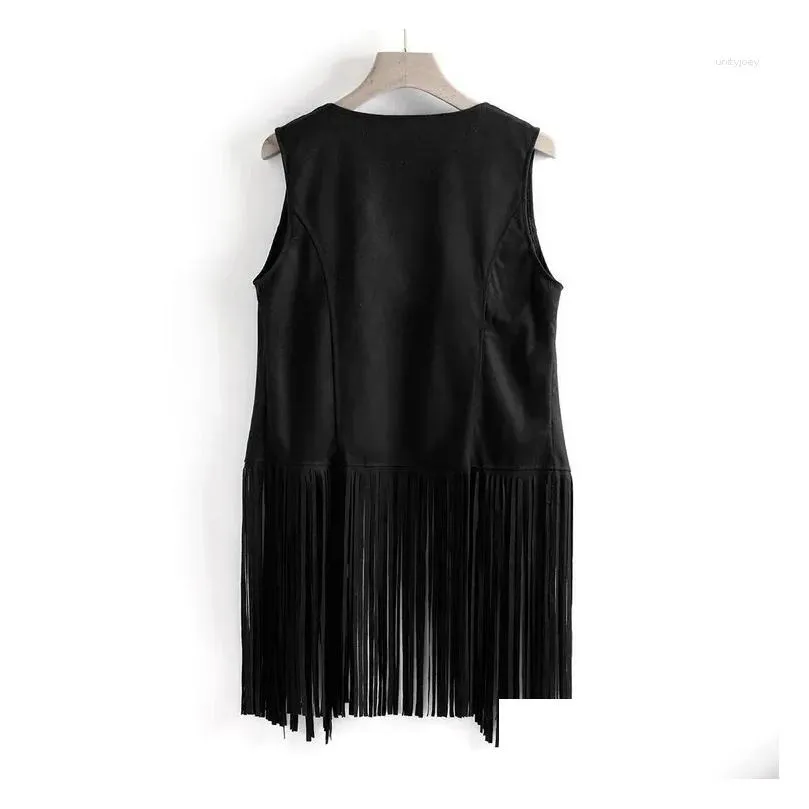 Women`s Vests Women Vest Sleeveless Leather Jacket Motorcycle Tops Autumn Winter Imitation Ethnic Suede Tassels Fringe Cardigan