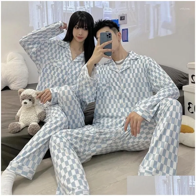 Women`s Sleepwear Spring Style Couple Pajamas Cotton Imitation Long Sleeve Autumn Cardigan Small Lapel Casual Large Men`s Home Suit