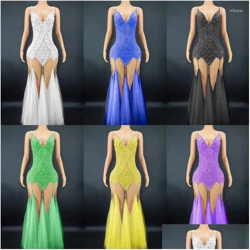 Stage Wear 9 Colors Full Diamond Pearl Sling Long Dress Sexy Mesh Evening Birthday Celebrate Costumes Women Party Outfit XS4983
