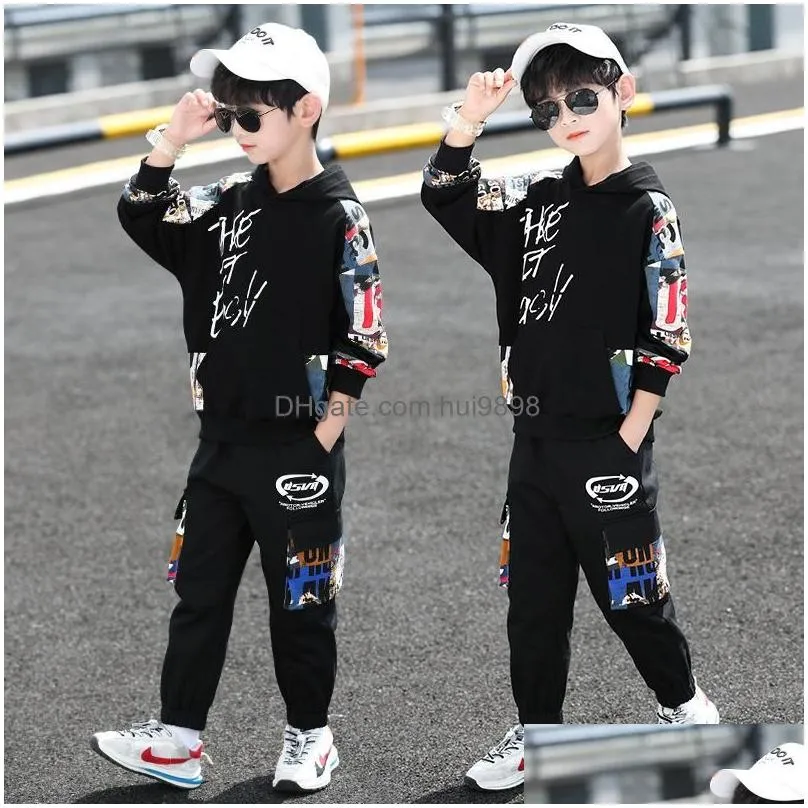 clothing sets 2021 hip hop boy anime suit teenager children korean graffiti hooded cotton sweater add pants 5 6 7 8 9 10 11 12 year