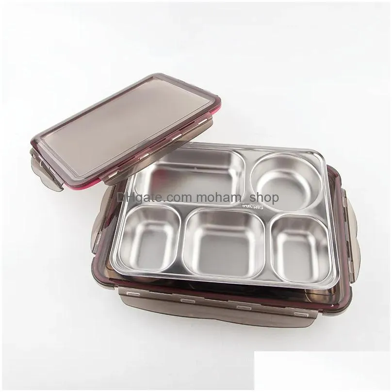 dinnerware stainless steel bento lunch box container reusable 5 compartments metal meal-prep easy open leak proof silicone lids