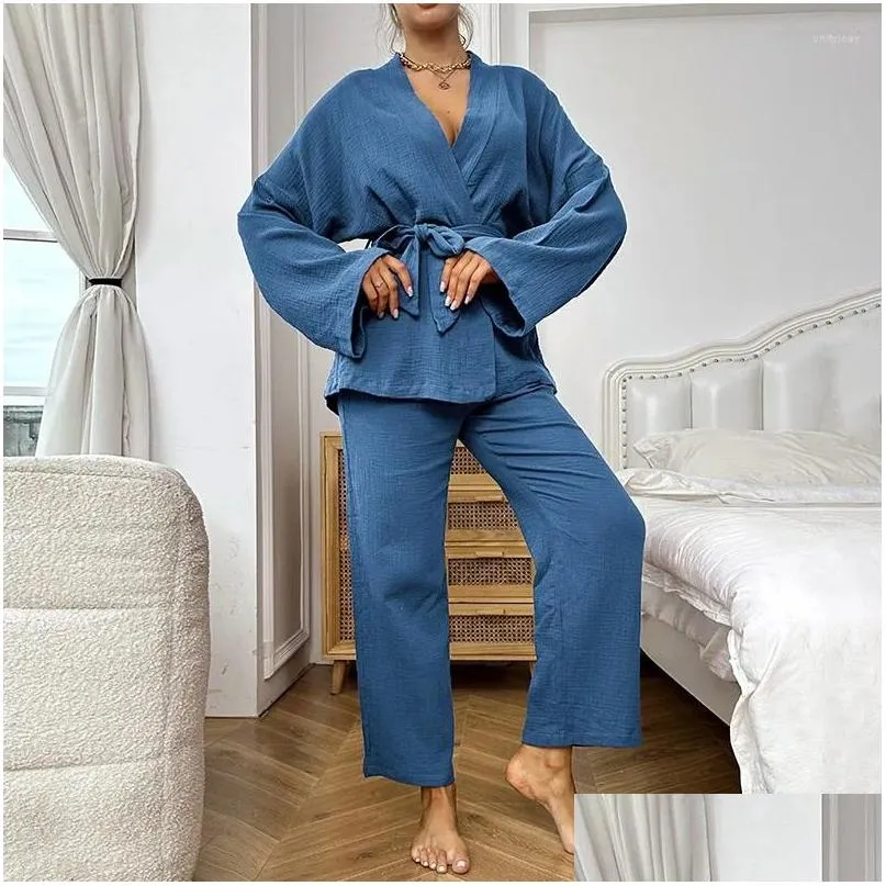 Women`s Sleepwear Women Pajama Set Kimono Pajamas 2023 Cotton Crepe Long-Sleeved Trousers Ladies Suit Home Clothes Mujer