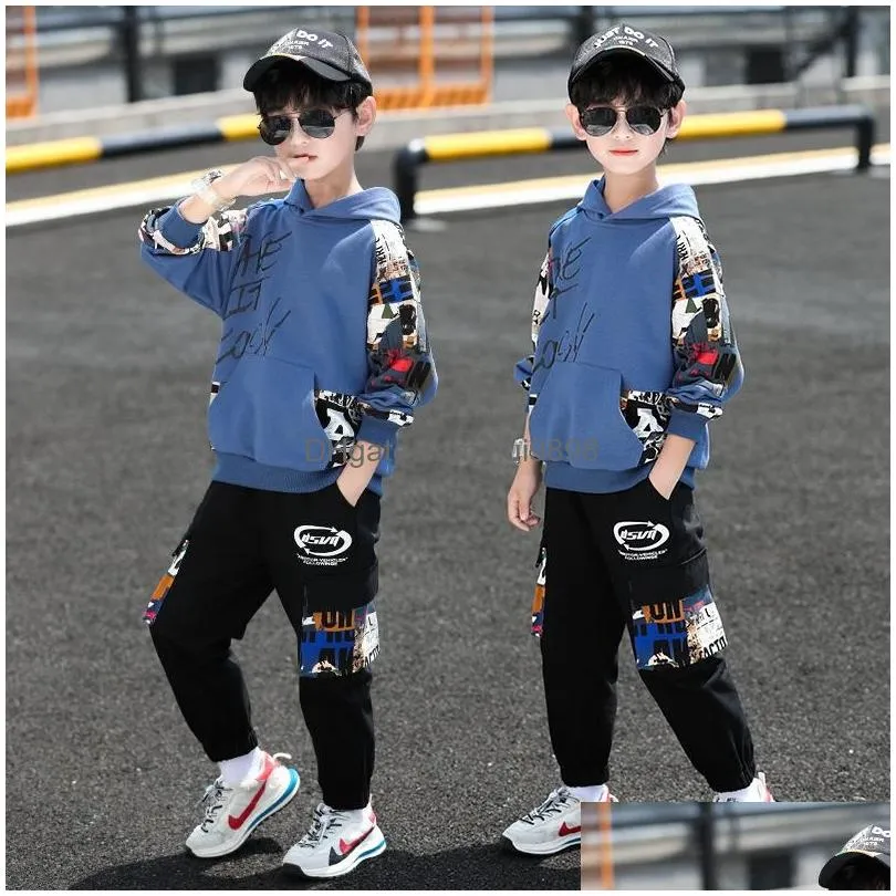 clothing sets 2021 hip hop boy anime suit teenager children korean graffiti hooded cotton sweater add pants 5 6 7 8 9 10 11 12 year