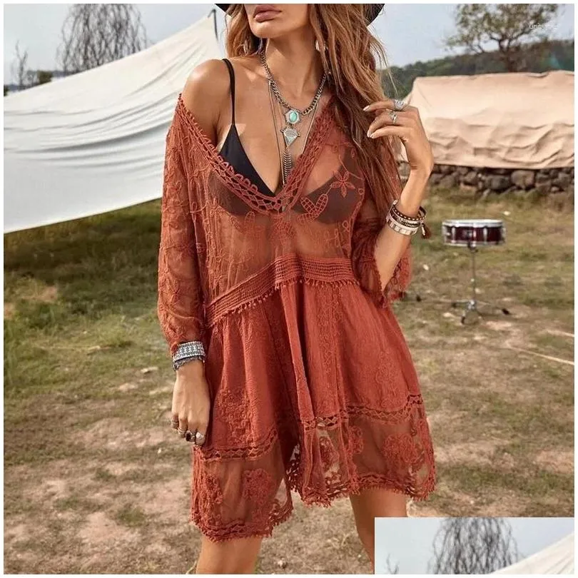 Women`s Swimwear Bikini Cover Up Lace Hollow Out Summer See Through Sun Protection Tunic For Beach Boho Beachwear Solid Dresses