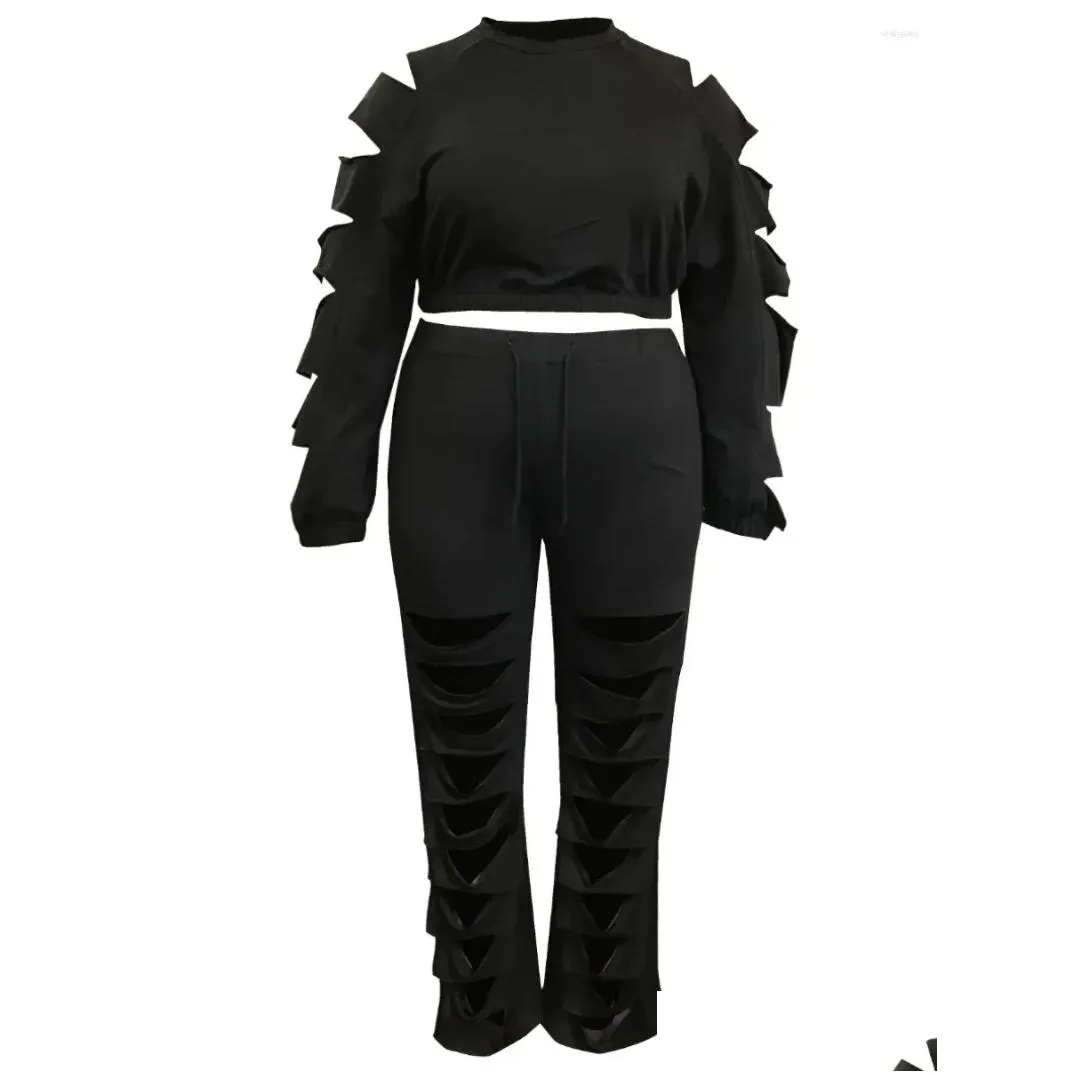 Women`s Tracksuits 4XL 5X LW Plus Size Autumn Winter Women Cut Out High Waist Pants Set Daily Casual Round Neck Long Sleeve Two-piece