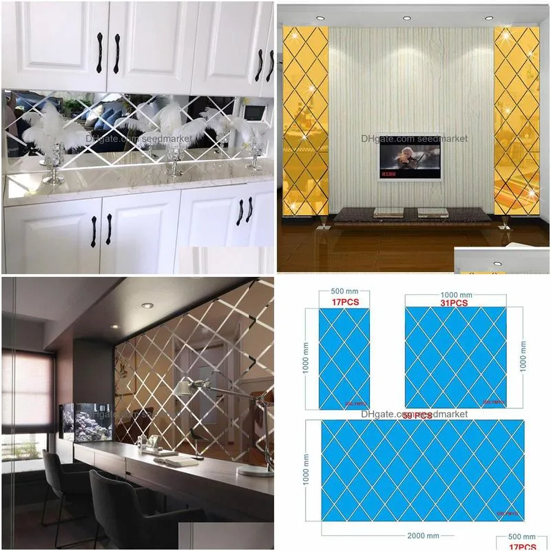 acrylic mirror sticker wall decor 3d wall stickers home dining room decoration self adhesive diamond mirror sticker custom size 210308