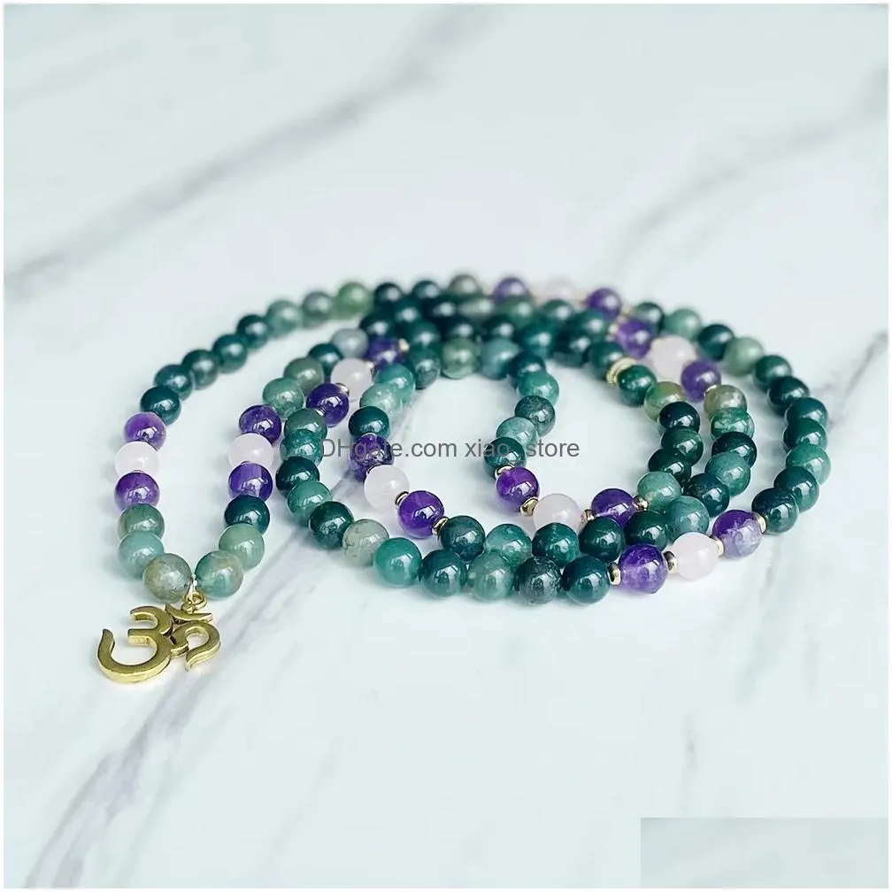 mg2030 design moss agate amethyst rose quartz 108 mala om charm womens yogi bracelet meditation balance jewelry