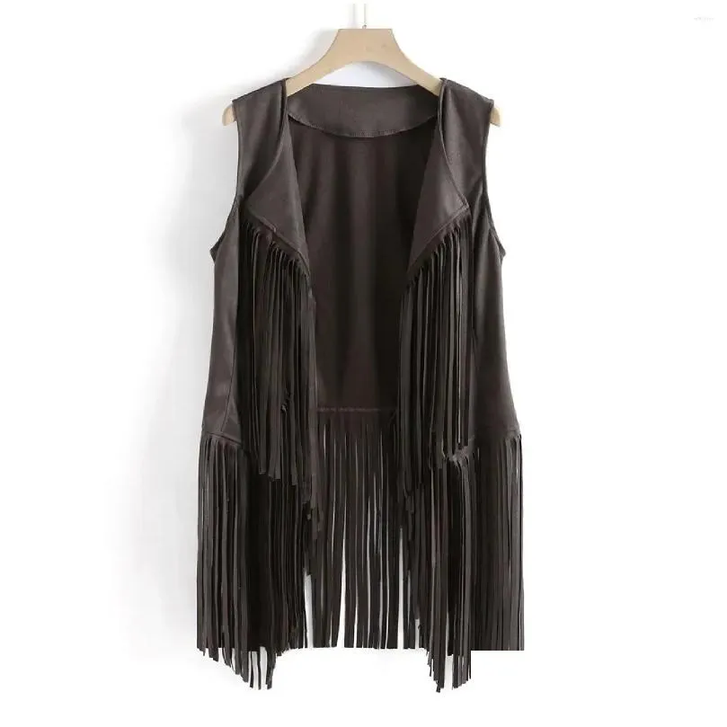 Women`s Vests Women Vest Sleeveless Leather Jacket Motorcycle Tops Autumn Winter Imitation Ethnic Suede Tassels Fringe Cardigan