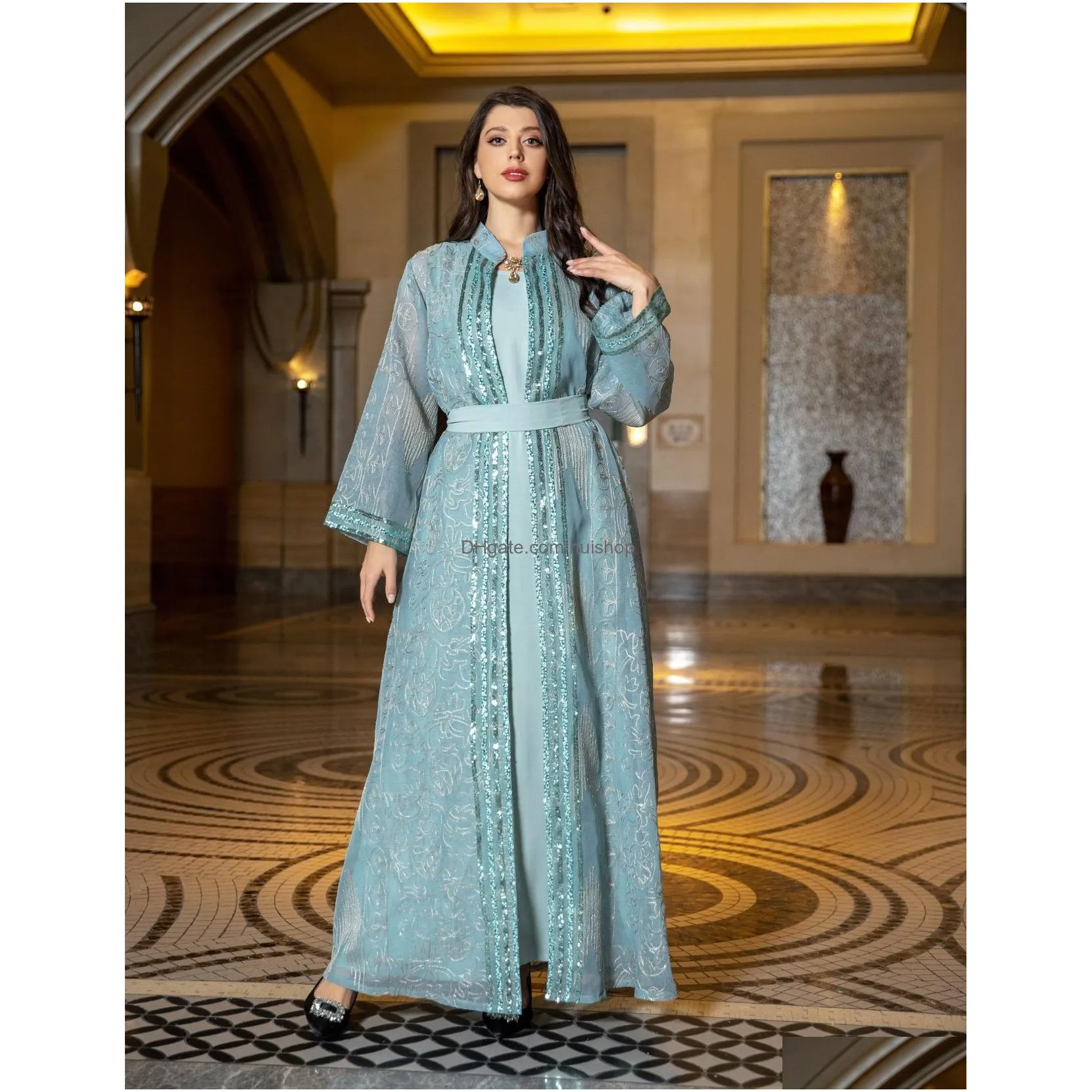 middle eastern muslim abaya two piece dubai dress elegant cardigan long sleeves embroidery evening dresses vestidos robe soiree femme