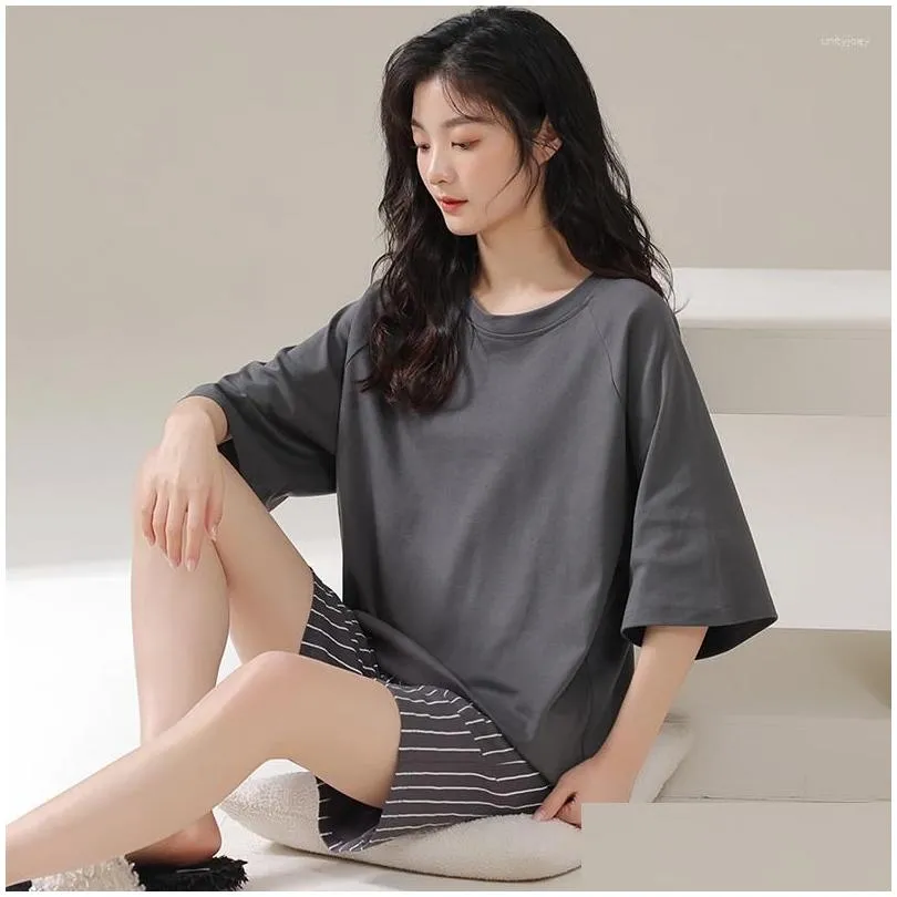 Women`s Sleepwear Knitted Cotton Pajamas Double Short Suit 2023 Summer Short-sleeved Shorts Casual Simple Stripe Fashion Home