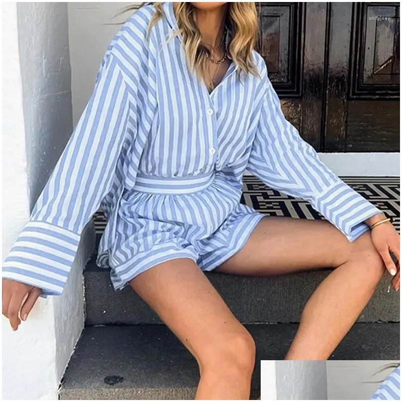 Women`s Tracksuits Spring Summer Long Sleeved Single Breasted Shirt Suit Casual Beach Shorts Outfits Simple Striped Printed 2 Piece